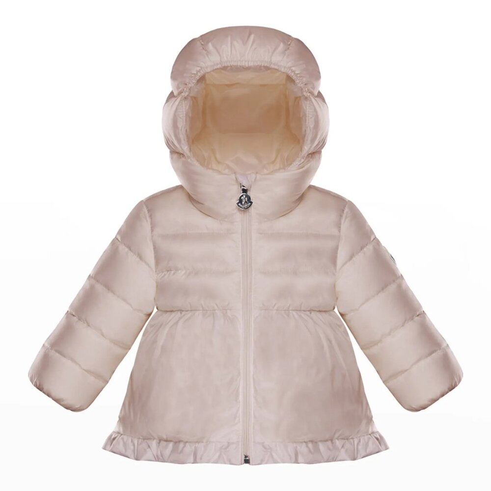 💗 Moncler Odile Ruffle-Trim Puffer Jacket – Light Pink, Size 3T